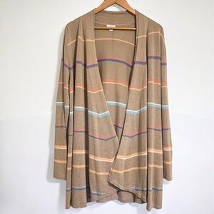 J.Jill Linen Blend Open Front Cardigan Sz M Striped  Long Sleeve Tan Blue Summer